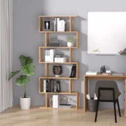 HOMCOM 6-Tier Storage Shelf Modern S-Shape Design Stand Unit Storage Display For Home Oak -Living Room Furniture Store 10092485 3
