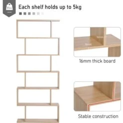 HOMCOM 6-Tier Storage Shelf Modern S-Shape Design Stand Unit Storage Display For Home Oak -Living Room Furniture Store 10092485 4