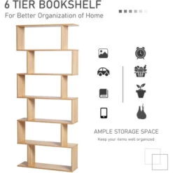 HOMCOM 6-Tier Storage Shelf Modern S-Shape Design Stand Unit Storage Display For Home Oak -Living Room Furniture Store 10092485 5