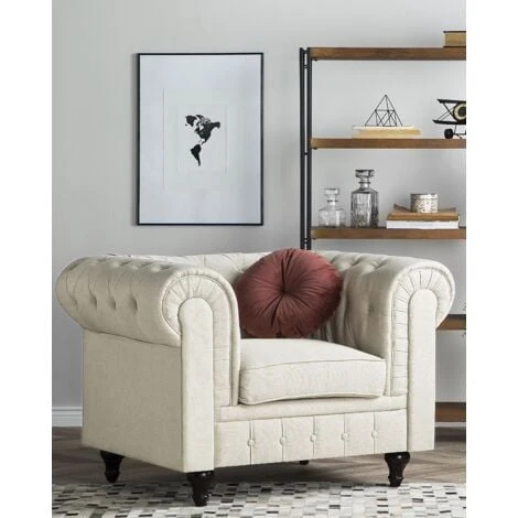Modern Scroll Arm Fabric Club Chair Tufted Back Beige Chesterfield 4 Modern Scroll Arm Fabric Club Chair Tufted Back Beige Chesterfield - Image 2