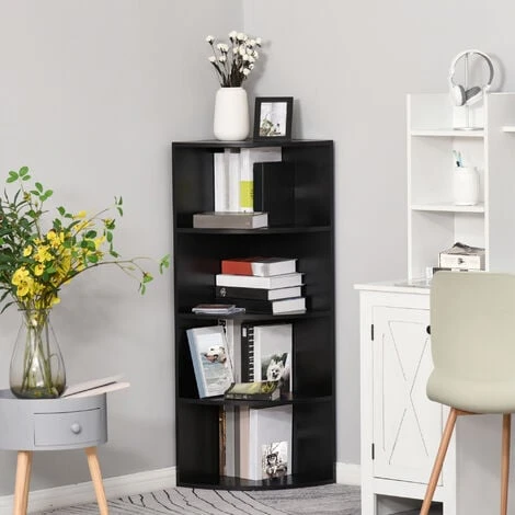 HOMCOM Corner Shelf 4 Tier Fan Bookshelf Plants Stand Wood Freestanding Unit Black 5 HOMCOM Corner Shelf 4 Tier Fan Bookshelf Plants Stand Wood Freestanding Unit Black - Image 3