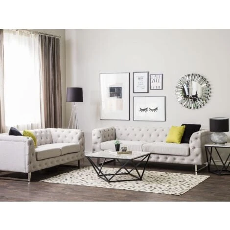 Sofa Set 3+2 Seater Upholstered Button Tufting Chesterfield Style Beige Vissland 4 Sofa Set 3+2 Seater Upholstered Button Tufting Chesterfield Style Beige Vissland - Image 2