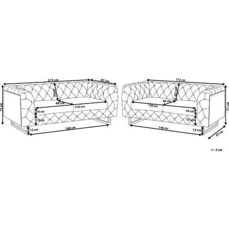 Sofa Set 3+2 Seater Upholstered Button Tufting Chesterfield Style Beige Vissland 5 Sofa Set 3+2 Seater Upholstered Button Tufting Chesterfield Style Beige Vissland - Image 3