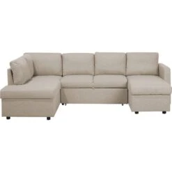 U-Shaped Sofa Bed Beige Modern 5 Seater Storage Fabric Upholstered Karrabo