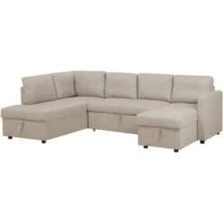 U-Shaped Sofa Bed Beige Modern 5 Seater Storage Fabric Upholstered Karrabo -Living Room Furniture Store 11757943 5