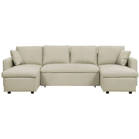 Fabric Corner Sofa Bed Beige Polyester U-Shaped Storage Convertible Sommen 3 Fabric Corner Sofa Bed Beige Polyester U-Shaped Storage Convertible Sommen