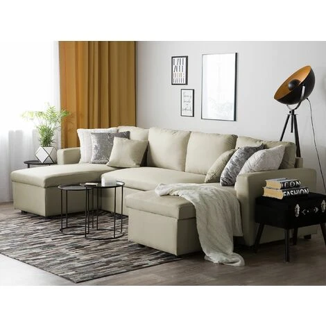 Fabric Corner Sofa Bed Beige Polyester U-Shaped Storage Convertible Sommen 4 Fabric Corner Sofa Bed Beige Polyester U-Shaped Storage Convertible Sommen - Image 2