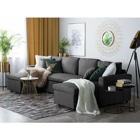 Fabric Corner Sofa Bed Dark Grey Polyester U-Shaped Storage Convertible Sommen 4 Fabric Corner Sofa Bed Dark Grey Polyester U-Shaped Storage Convertible Sommen - Image 2