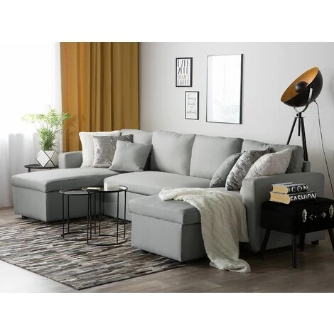 Fabric Corner Sofa Bed Grey Polyester U-Shaped Storage Convertible Sommen 4 Fabric Corner Sofa Bed Grey Polyester U-Shaped Storage Convertible Sommen - Image 2