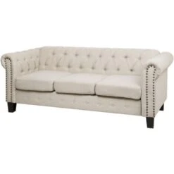 Vintage Fabric 3 Seater Sofa Beige Polyester Buttoned Scroll Arms Chesterfield 10 Vintage Fabric 3 Seater Sofa Beige Polyester Buttoned Scroll Arms Chesterfield -Living Room Furniture Store 12735013 4