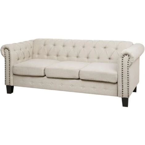Vintage Fabric 3 Seater Sofa Beige Polyester Buttoned Scroll Arms Chesterfield 6 Vintage Fabric 3 Seater Sofa Beige Polyester Buttoned Scroll Arms Chesterfield - Image 4