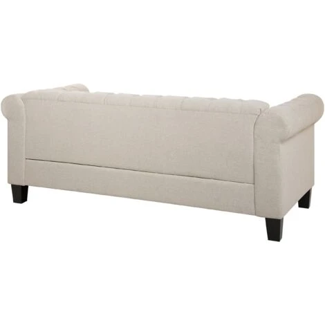 Vintage Fabric 3 Seater Sofa Beige Polyester Buttoned Scroll Arms Chesterfield 7 Vintage Fabric 3 Seater Sofa Beige Polyester Buttoned Scroll Arms Chesterfield - Image 5