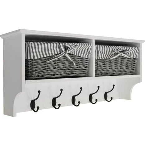 HALLWAY - Wall Storage Shelf With 2 Baskets And 5 Coat Hooks - White / Grey 3 HALLWAY - Wall Storage Shelf With 2 Baskets And 5 Coat Hooks - White / Grey