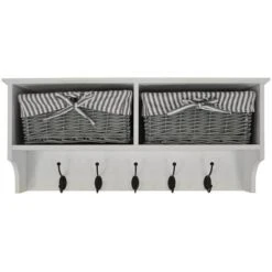 HALLWAY - Wall Storage Shelf With 2 Baskets And 5 Coat Hooks - White / Grey 8 HALLWAY - Wall Storage Shelf With 2 Baskets And 5 Coat Hooks - White / Grey -Living Room Furniture Store 14020189 2