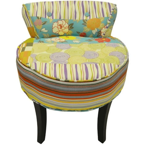 PATCHWORK - Shabby Chic Chair Padded Stool / Wood Legs - Multi-coloured 4 PATCHWORK - Shabby Chic Chair Padded Stool / Wood Legs - Multi-coloured - Image 2