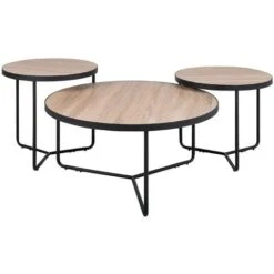 Set Of 3 Coffee Tables Light Wood Top Black Metal Legs Melody