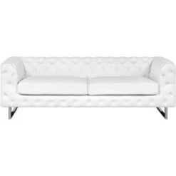 3 Seater Sofa Faux Leather Button Tufting Chesterfield Style White Vissland