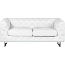 2 Seater Sofa Faux Leather Button Tufting Chesterfield Style White Vissland