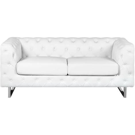 2 Seater Sofa Faux Leather Button Tufting Chesterfield Style White Vissland 3 2 Seater Sofa Faux Leather Button Tufting Chesterfield Style White Vissland