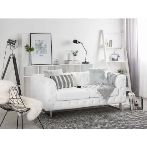 2 Seater Sofa Faux Leather Button Tufting Chesterfield Style White Vissland 4 2 Seater Sofa Faux Leather Button Tufting Chesterfield Style White Vissland - Image 2