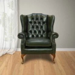 Chesterfield Highclere Flat Wing Queen Anne High Back Wing Chair UK Manufactured Antique Green