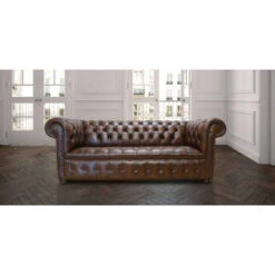 Chesterfield Edwardian 3 Seater Leather Sofa Offer Antique Brown