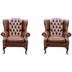 Chesterfield 2 X Mallory Wing Chair Leather Sofa Suite Offer Antique Tan
