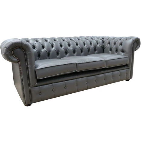 Chesterfield 3 Seater Bonded Grey Leather Sofa 4 Chesterfield 3 Seater Bonded Grey Leather Sofa - Image 2