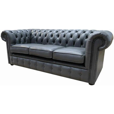 Chesterfield 3 Seater Bonded Grey Leather Sofa 5 Chesterfield 3 Seater Bonded Grey Leather Sofa - Image 3