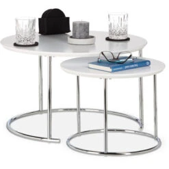 Relaxdays Round Side Tables Set Of 2, Small Matt Coffee Table, Nesting Tables, Wood And Metal, Chromed, 60x60 Cm, White