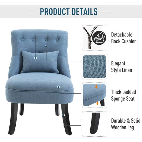 HOMCOM Fabric Single Sofa Armchair Upholstered W/Pillow Wood Leg Livingroom Blue 6 HOMCOM Fabric Single Sofa Armchair Upholstered W/Pillow Wood Leg Livingroom Blue - Image 4