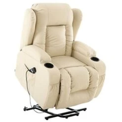 CAESAR ELECTRIC RISE RECLINER WINGED LEATHER ARMCHAIR MASSAGE HEATED CHAIR (Cream)