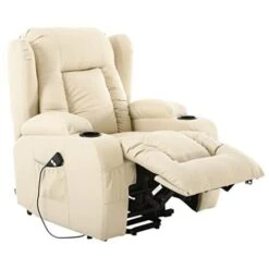 CAESAR ELECTRIC RISE RECLINER WINGED LEATHER ARMCHAIR MASSAGE HEATED CHAIR (Cream) -Living Room Furniture Store 18220878 4
