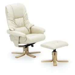 SORENTO REAL LEATHER CREAM SWIVEL RECLINER CHAIR W FOOT STOOL