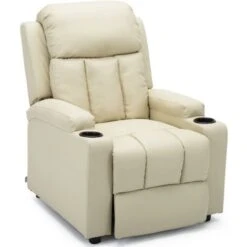 STUDIO LEATHER RECLINER W DRINK HOLDERS ARMCHAIR SOFA CHAIR CINEMA GAMING CREAM