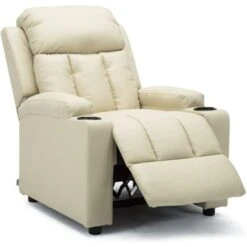 STUDIO LEATHER RECLINER W DRINK HOLDERS ARMCHAIR SOFA CHAIR CINEMA GAMING CREAM -Living Room Furniture Store 18221002 3
