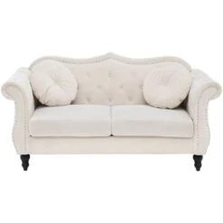 Glam Living Room 2 Seater Velvet Sofa Nailhead Trim Button Tufted Beige Skien
