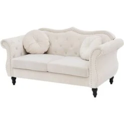 Glam Living Room 2 Seater Velvet Sofa Nailhead Trim Button Tufted Beige Skien -Living Room Furniture Store 20058552 4