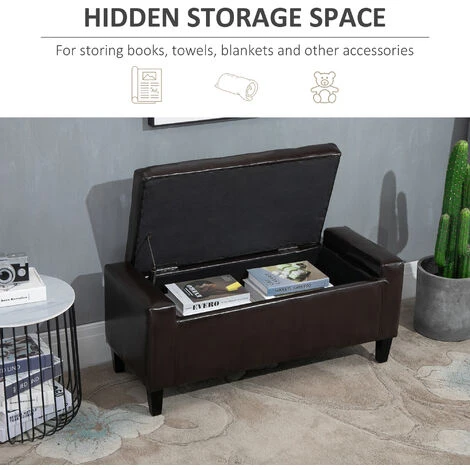 HOMCOM 40x90cm PU Leather Storage Ottoman Bench Wood Frame W/ Tufting Feet Brown 6 HOMCOM 40x90cm PU Leather Storage Ottoman Bench Wood Frame W/ Tufting Feet Brown - Image 4