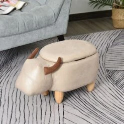 HOMCOM Buffalo Storage Stool Cute Decoration Footrest Wood Frame Padding Ivory -Living Room Furniture Store 20488100 3