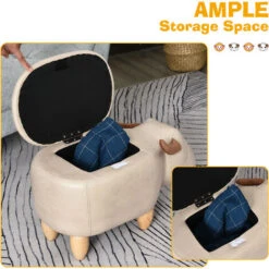 HOMCOM Buffalo Storage Stool Cute Decoration Footrest Wood Frame Padding Ivory -Living Room Furniture Store 20488100 5