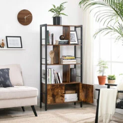 VASAGLE Bookshelf, Storage Shelf, Large Bookcase With Doors, 4 Shelves, Steel Structure, Industrial Style, For Living Room, Office, Rustic Brown And Black By SONGMICS LBC022B01 -Living Room Furniture Store 21405735 2