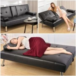 Yaheetech Click Clack Sofa Bed Faux Leather 3 Seater Sofa Couch Living Room/Spare Room/Guest Room Bed Settee With Cup Holders Black -Living Room Furniture Store 21574197 3