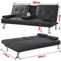 Yaheetech Click Clack Sofa Bed Faux Leather 3 Seater Sofa Couch Living Room/Spare Room/Guest Room Bed Settee With Cup Holders Black -Living Room Furniture Store 21574197 5