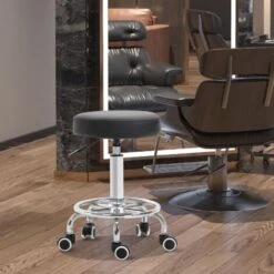 Vinsetto Round PU Leather Salon Beautician Stool Adjustable Height W/ Footrest -Living Room Furniture Store 23423152 3