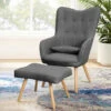 Livingandhome Linen Curved Buttoned Back Armchair With Footstool And Lumbar Pillow, Dark Grey -Living Room Furniture Store 23526878 1