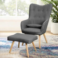 Livingandhome Linen Curved Buttoned Back Armchair With Footstool And Lumbar Pillow, Dark Grey