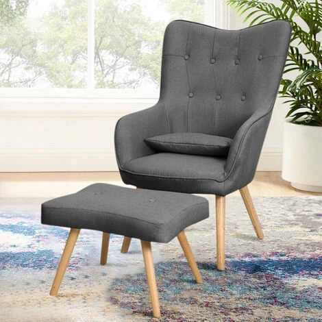 Livingandhome Linen Curved Buttoned Back Armchair With Footstool And Lumbar Pillow, Dark Grey 3 Livingandhome Linen Curved Buttoned Back Armchair With Footstool And Lumbar Pillow, Dark Grey
