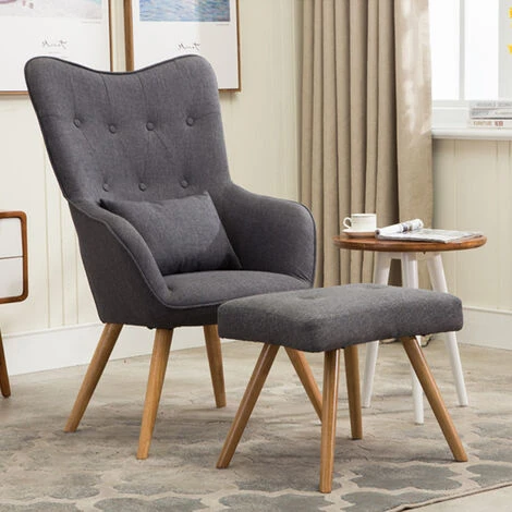 Livingandhome Linen Curved Buttoned Back Armchair With Footstool And Lumbar Pillow, Dark Grey 4 Livingandhome Linen Curved Buttoned Back Armchair With Footstool And Lumbar Pillow, Dark Grey - Image 2