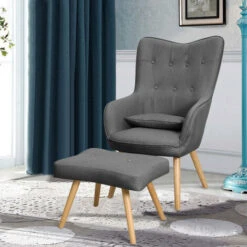 Livingandhome Linen Curved Buttoned Back Armchair With Footstool And Lumbar Pillow, Dark Grey 9 Livingandhome Linen Curved Buttoned Back Armchair With Footstool And Lumbar Pillow, Dark Grey -Living Room Furniture Store 23526878 3